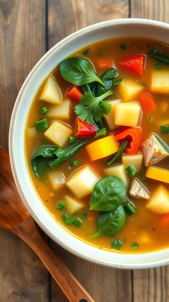 A bowl of low-carb chicken vegetable soup with zucchini, bell peppers, and spinach, garnished with parsley on a rustic table.